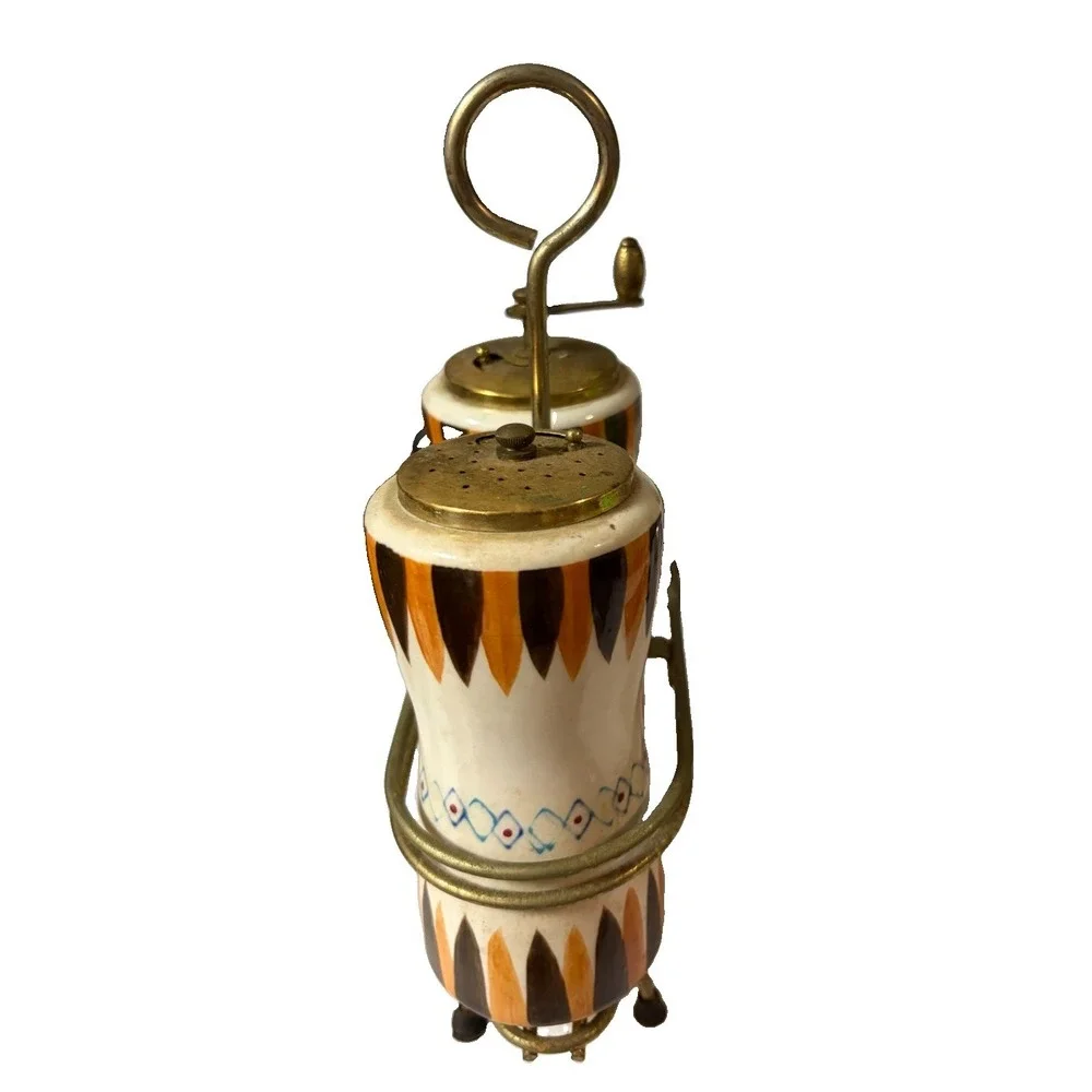 Japan Ceramic Brass Salt Shaker Pepper Grinder Caddy MCM Atomic Hand Painted